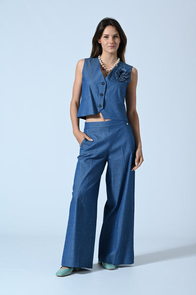 PANT. PALAZZO CHAMBRAY STRASS
