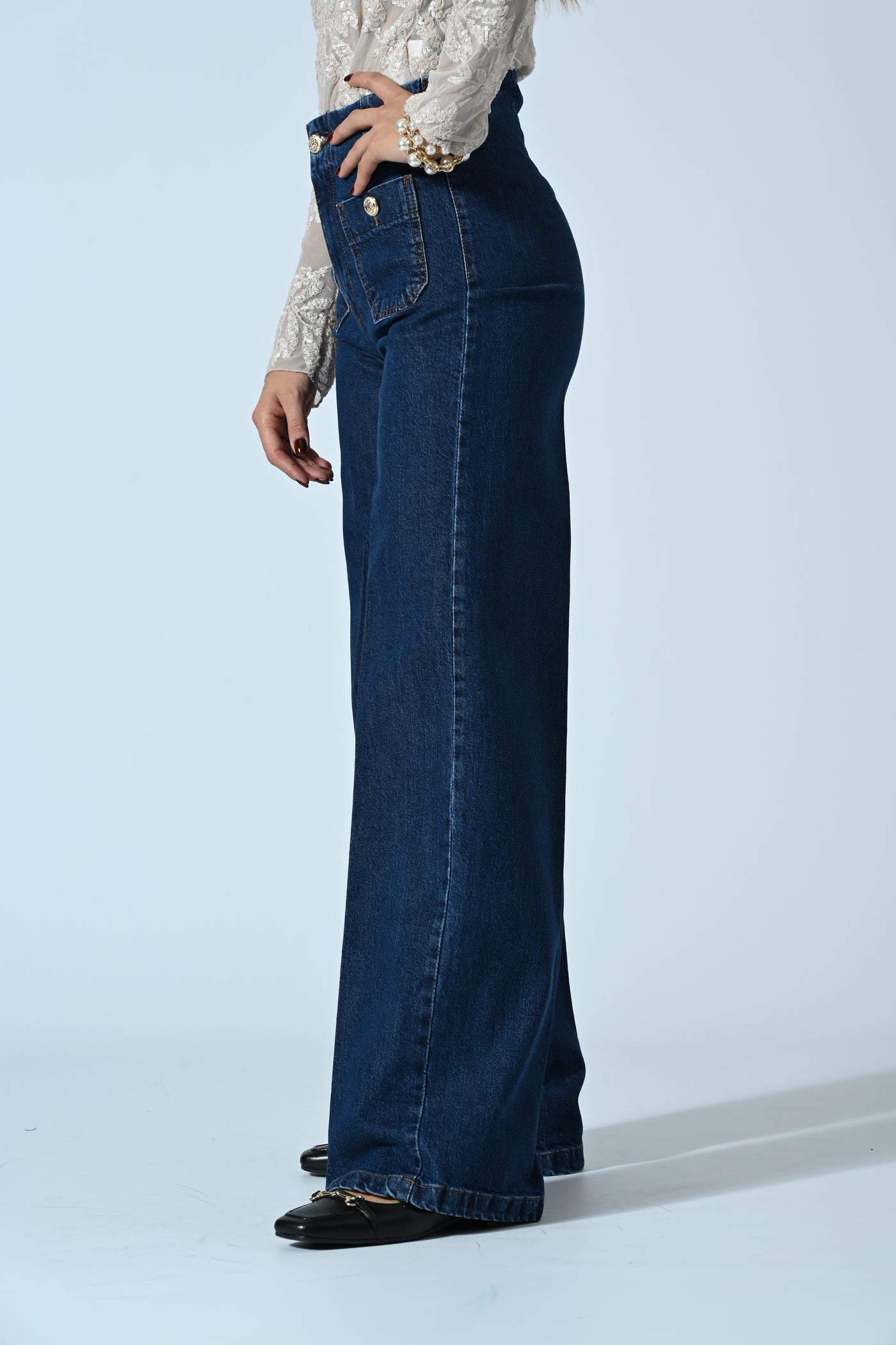 JEANS PALAZZO CON BOTTONI ORO