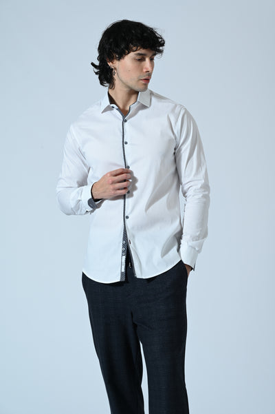 CAMICIA COTONE TINTA UNITA CON INSERTI FANTASIA